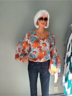 Floral V-Neck Balloon Sleeve Top - Orange
